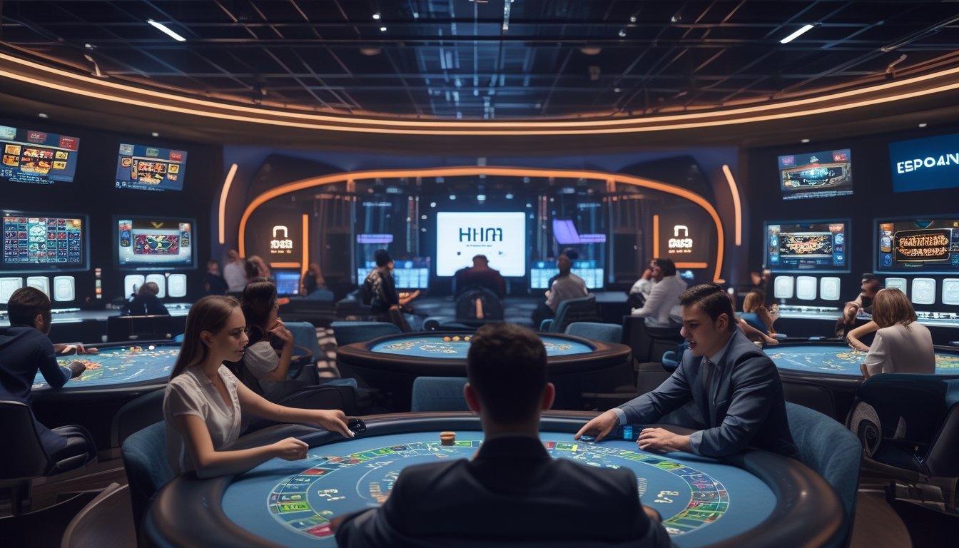 Suasana kasino online dengan pemain dan dealer yang berinteraksi melalui layar digital di lingkungan modern dan futuristik.