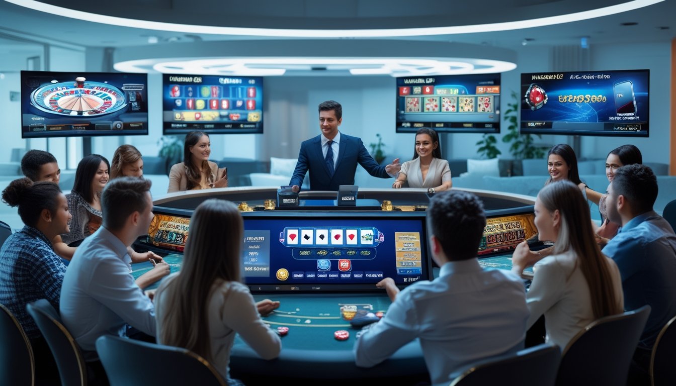Sekelompok pemain beragam berinteraksi dengan dealer langsung melalui layar komputer dalam ruangan terang dengan beberapa monitor menampilkan permainan kasino online seperti roulette dan blackjack.