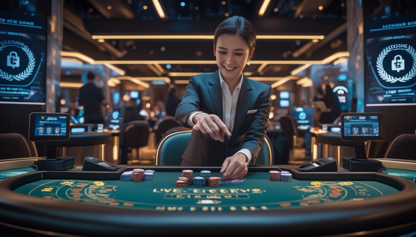 Seorang dealer kasino langsung profesional di meja kasino dengan layar digital dan suasana yang aman dan terpercaya.