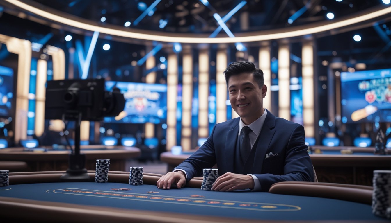 Seorang dealer profesional di meja kasino dengan kamera streaming dan layar digital di latar belakang.