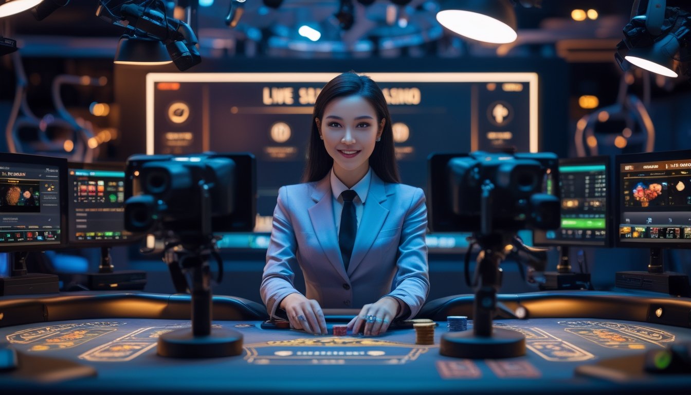 Seorang dealer profesional di studio kasino modern dengan peralatan streaming dan kamera berkualitas tinggi, menyiarkan permainan kasino secara langsung.