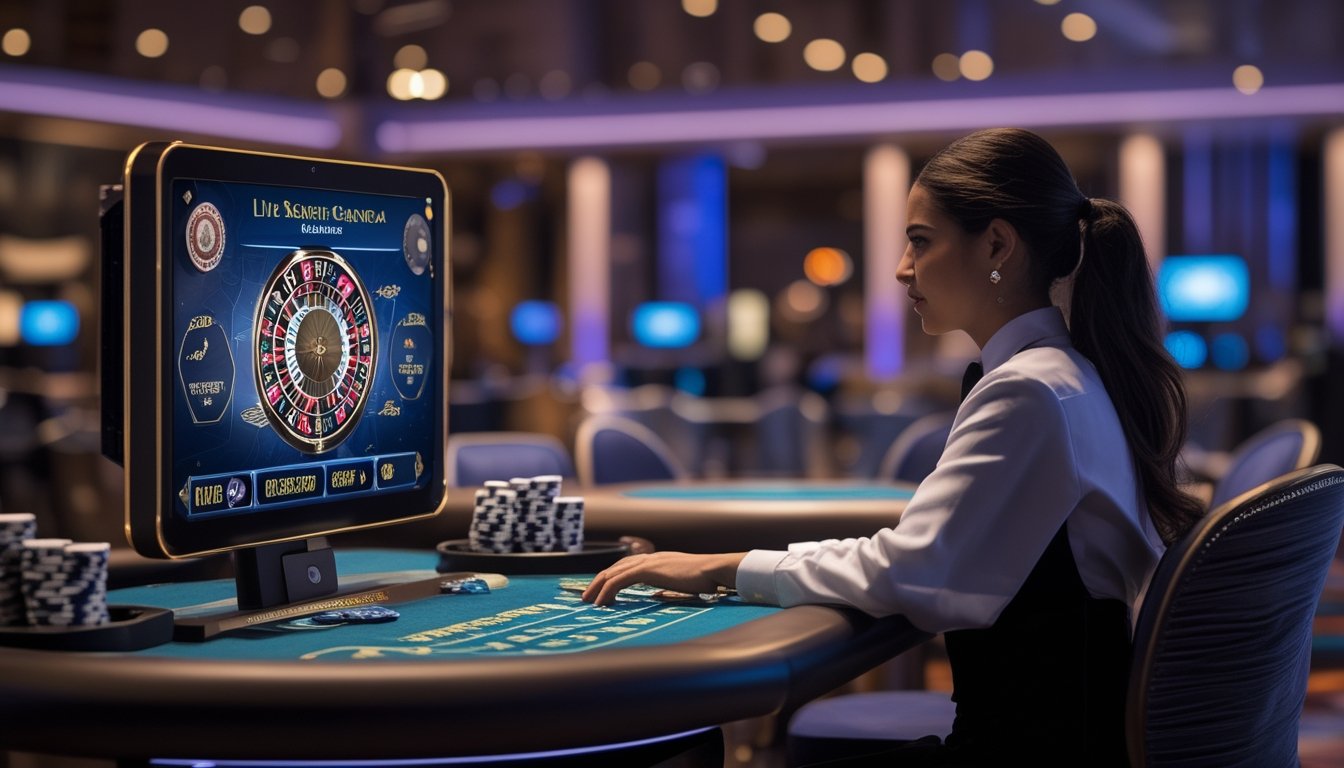 Suasana kasino langsung modern dengan dealer dan pemain berinteraksi melalui layar digital dalam permainan kasino real time.