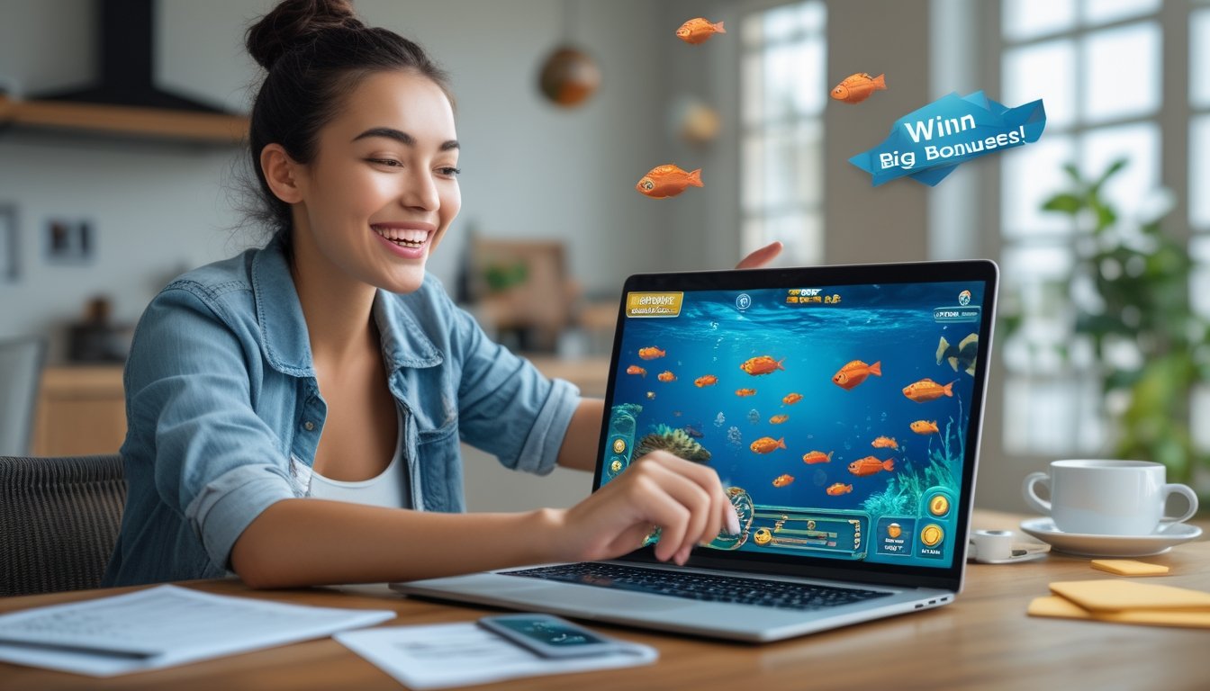 Seorang pemula bermain game tembak ikan di laptop dengan ekspresi fokus dan senang di ruangan modern.