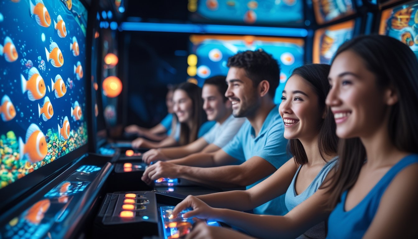 Beberapa orang sedang bermain permainan tembak ikan di mesin arcade dengan layar penuh animasi ikan berwarna-warni dan lampu bonus yang menyala.