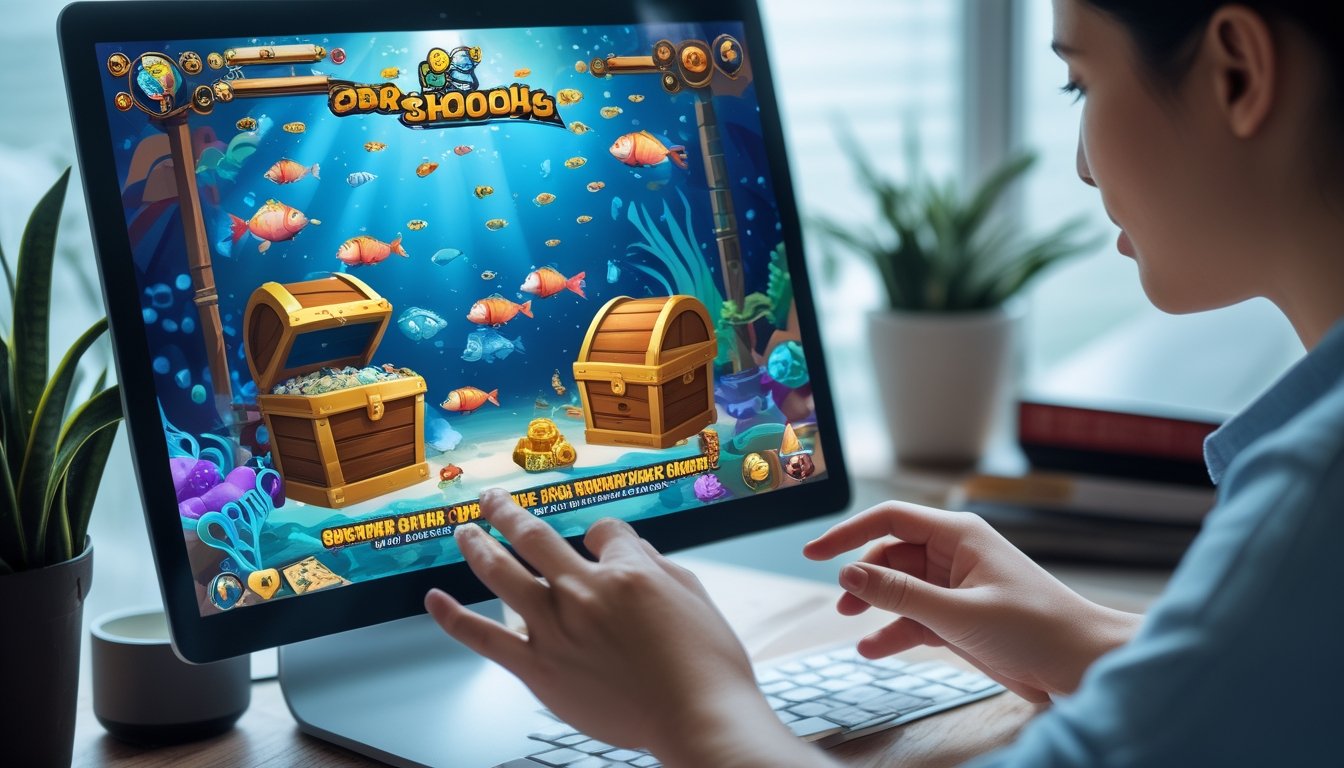 Seorang pemain dewasa fokus bermain game tembak ikan online dengan layar perangkat yang menampilkan ikan warna-warni dan ikon bonus.
