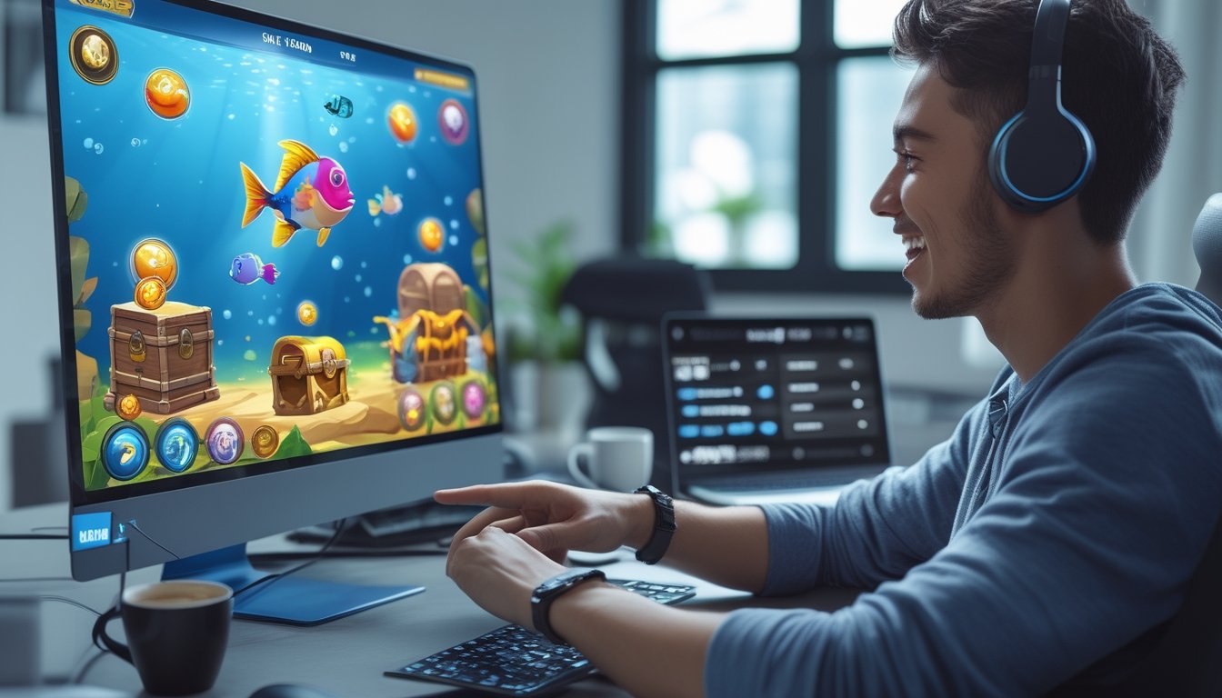 Seorang pemain muda yang fokus bermain game tembak ikan online di depan komputer dengan layar menampilkan permainan yang penuh warna dan ikon bonus.