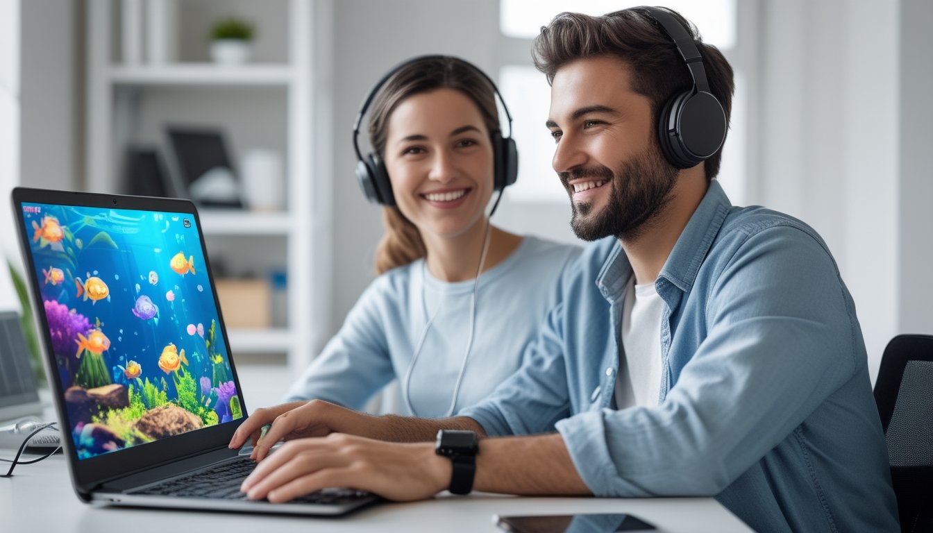 Dua orang muda sedang bermain game online tembak ikan bersama di sebuah meja dengan laptop di ruang kerja yang terang dan rapi.