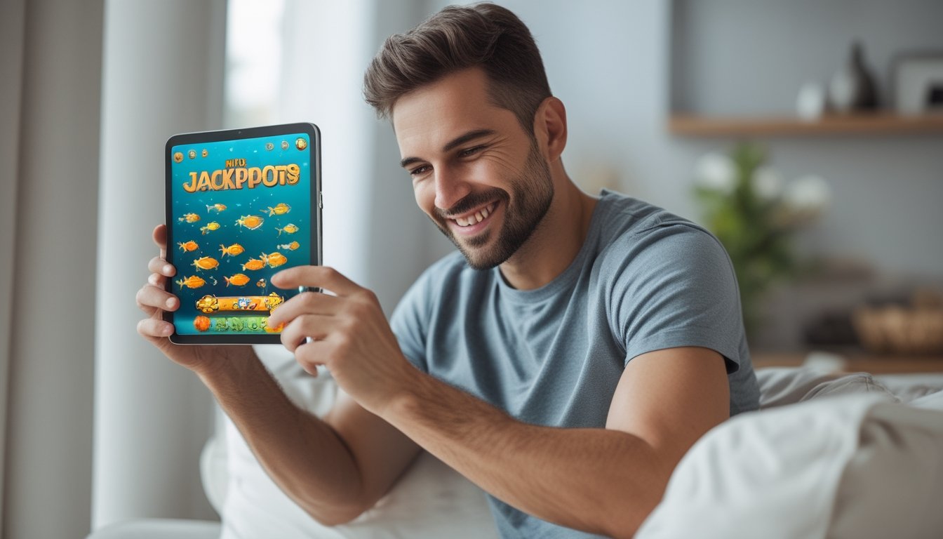 Seorang pria sedang bermain game tembak ikan di tablet dengan ekspresi fokus dan percaya diri di dalam ruangan yang terang.