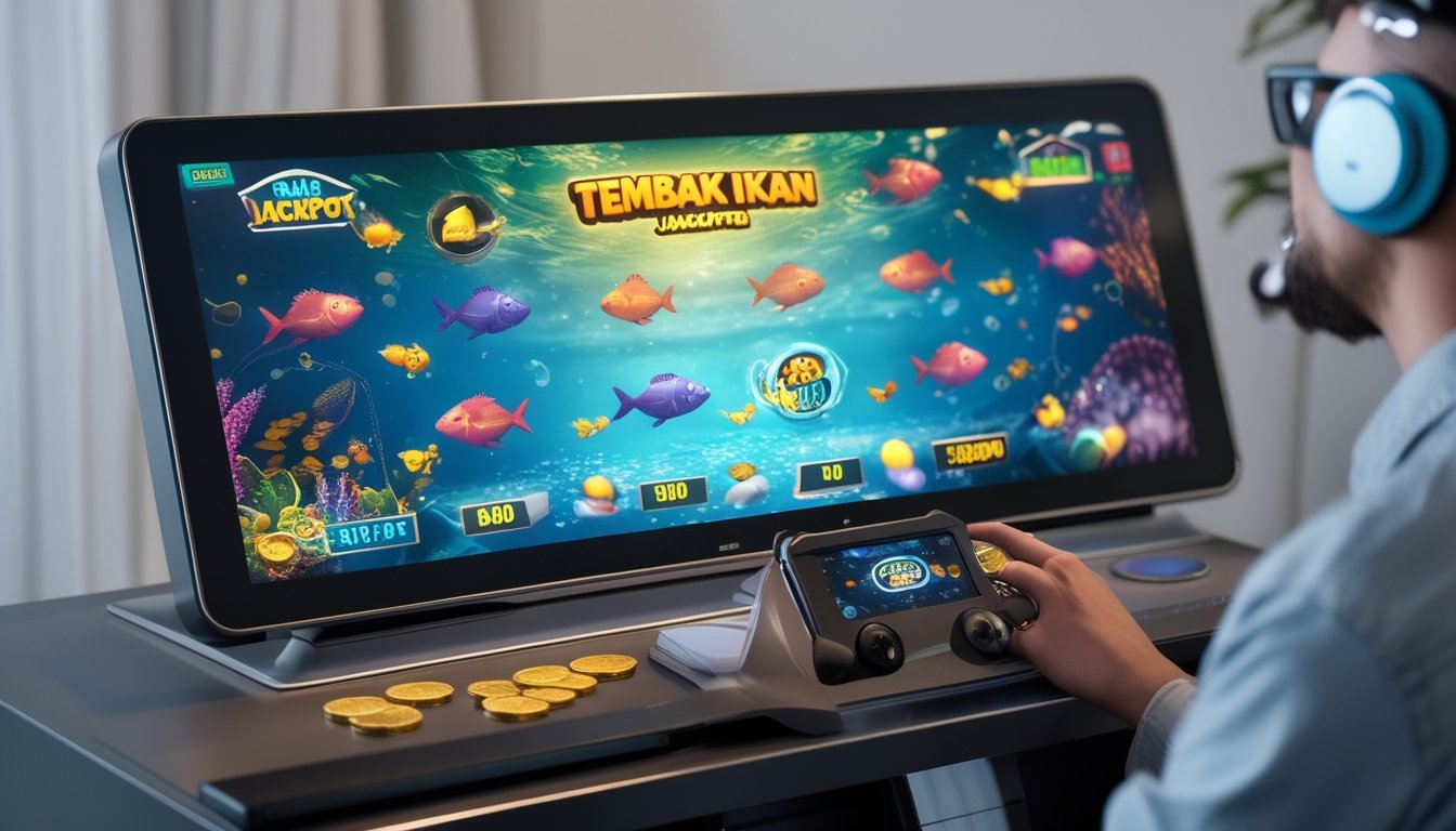 Seorang pemain muda fokus bermain permainan tembak ikan dengan layar berwarna cerah menampilkan ikan dan ikon jackpot di ruangan modern.
