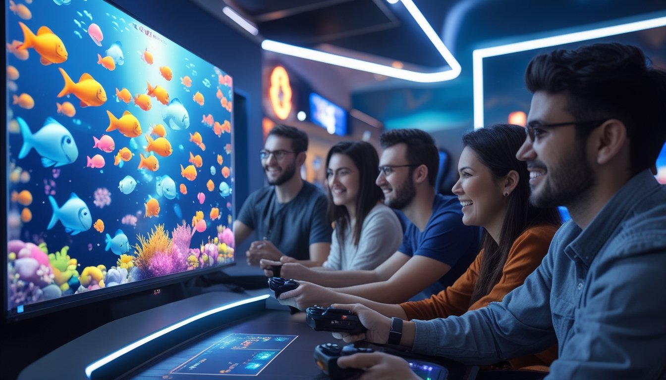 Sekelompok orang bermain permainan tembak ikan di depan layar besar dengan gambar ikan berwarna-warni di suasana ruang permainan modern.