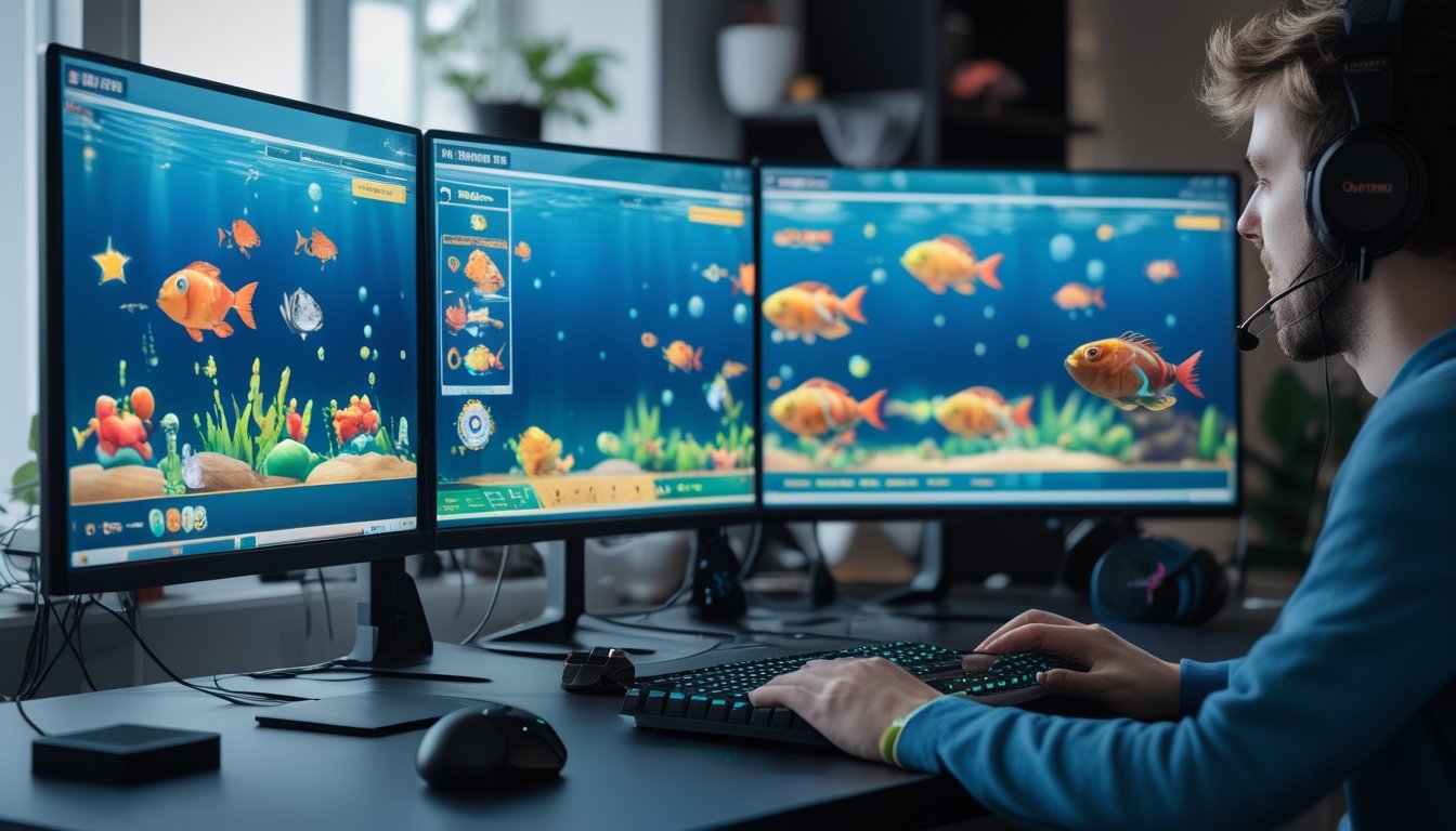 Seseorang sedang bermain game tembak ikan online di komputer dengan layar penuh warna dan latar ruangan yang nyaman.