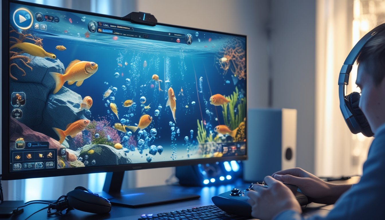 Seorang pemain sedang menggunakan pengendali untuk bermain permainan tembak ikan online dengan layar komputer yang menampilkan ikan berwarna-warni di bawah laut.