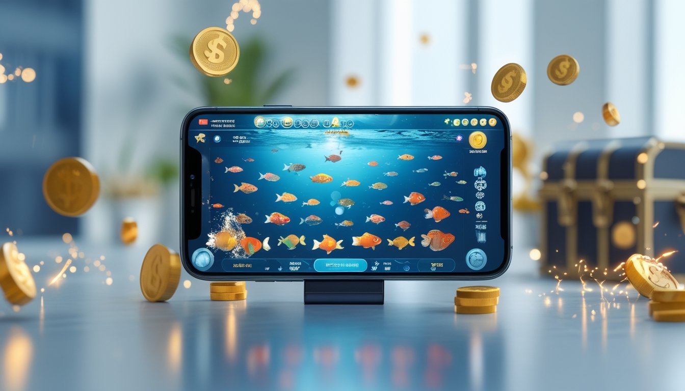 Sebuah ponsel modern menampilkan permainan memancing ikan dengan animasi ikan berwarna-warni dan efek koin bersinar di latar kerja yang rapi.