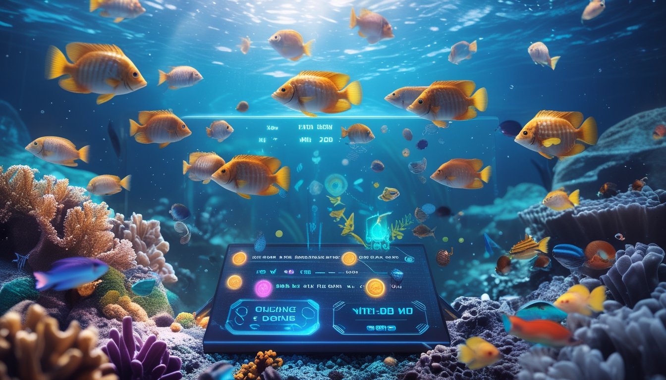 Pemandangan bawah laut dengan ikan tropis berwarna-warni dan tampilan antarmuka permainan digital yang menunjukkan skor dan simbol jackpot.