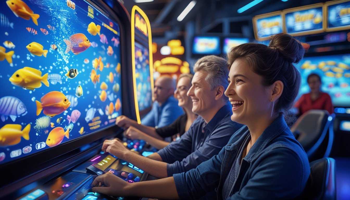 Beberapa orang dewasa bermain mesin game tembak ikan di arena permainan dengan ikan-ikan berwarna cerah di layar.