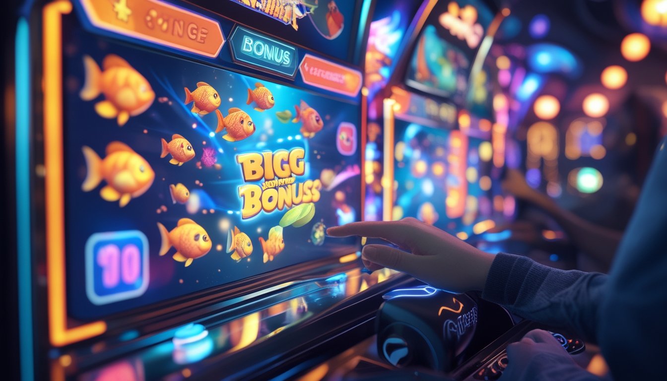 Seorang pemain sedang bermain game tembak ikan dengan layar penuh ikan berwarna-warni dan ikon bonus yang bersinar.