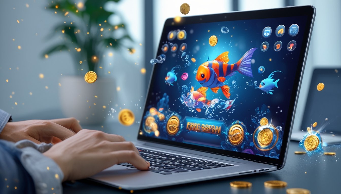 Seseorang sedang bermain game tembak ikan online di komputer dengan grafik ikan berwarna-warni dan simbol bonus di layar.