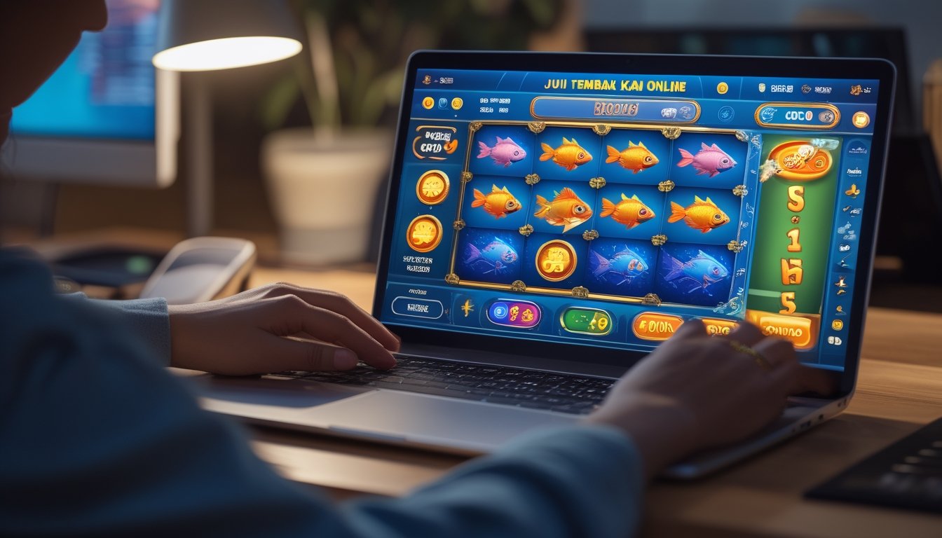 Seseorang sedang bermain permainan judi tembak ikan online di komputer dengan tampilan layar penuh warna dan ikon bonus.