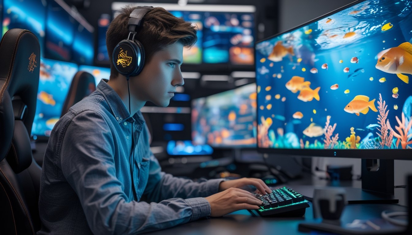 Seorang pemain muda fokus bermain permainan tembak ikan di komputer dengan latar ruangan gaming modern dan layar menampilkan ikan berwarna-warni.