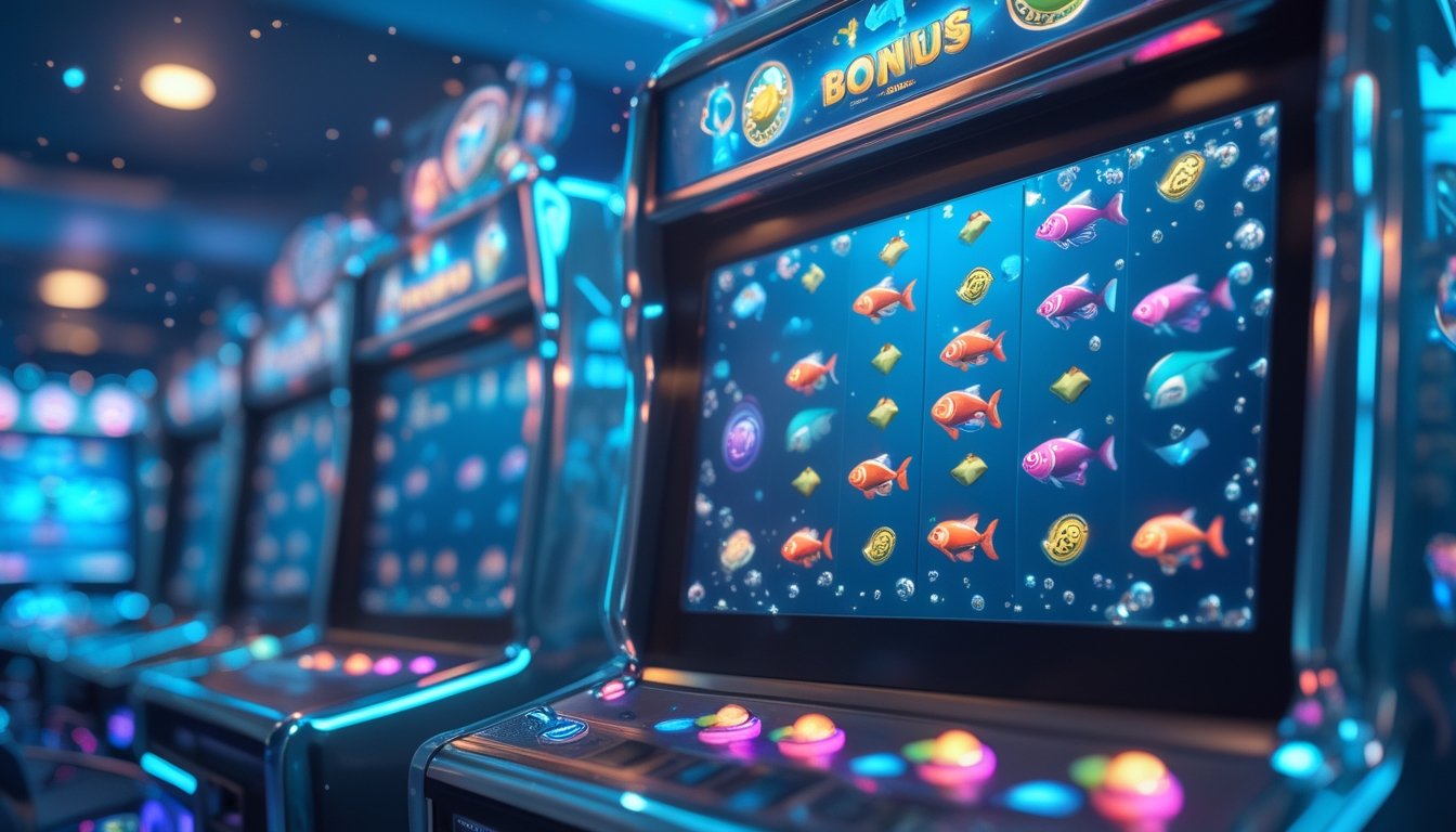 Mesin permainan tembak ikan dengan ikan berwarna-warni di layar dan simbol jackpot yang menyala di latar belakang.