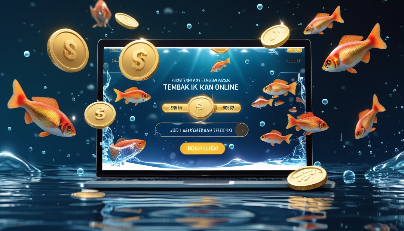 Layar perangkat digital yang menampilkan permainan tembak ikan online dengan ikan berwarna-warni dan ikon jackpot di latar bawah laut.