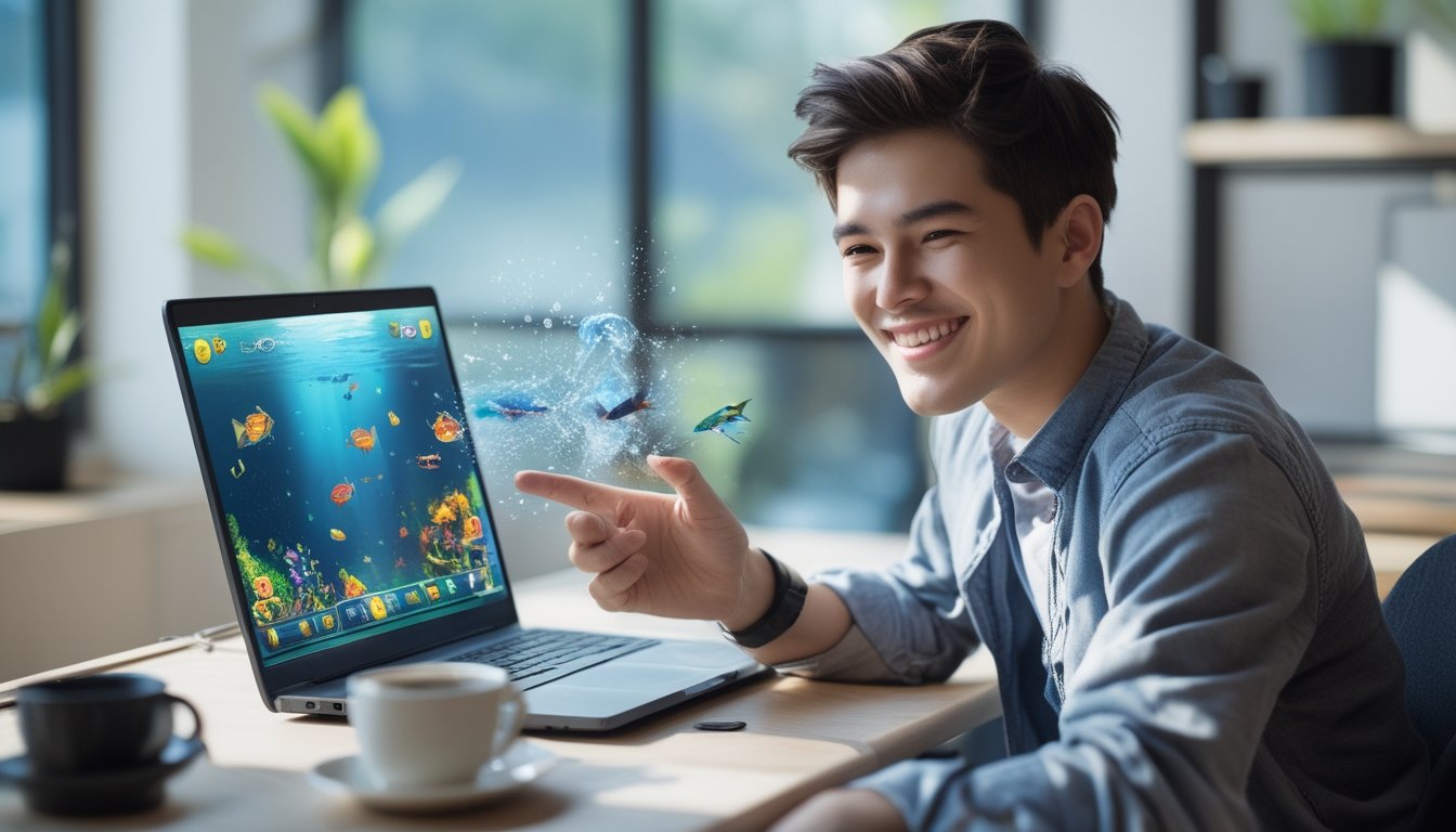 Seorang dewasa muda bermain game tembak ikan online di laptop dengan ekspresi percaya diri di ruangan yang nyaman.