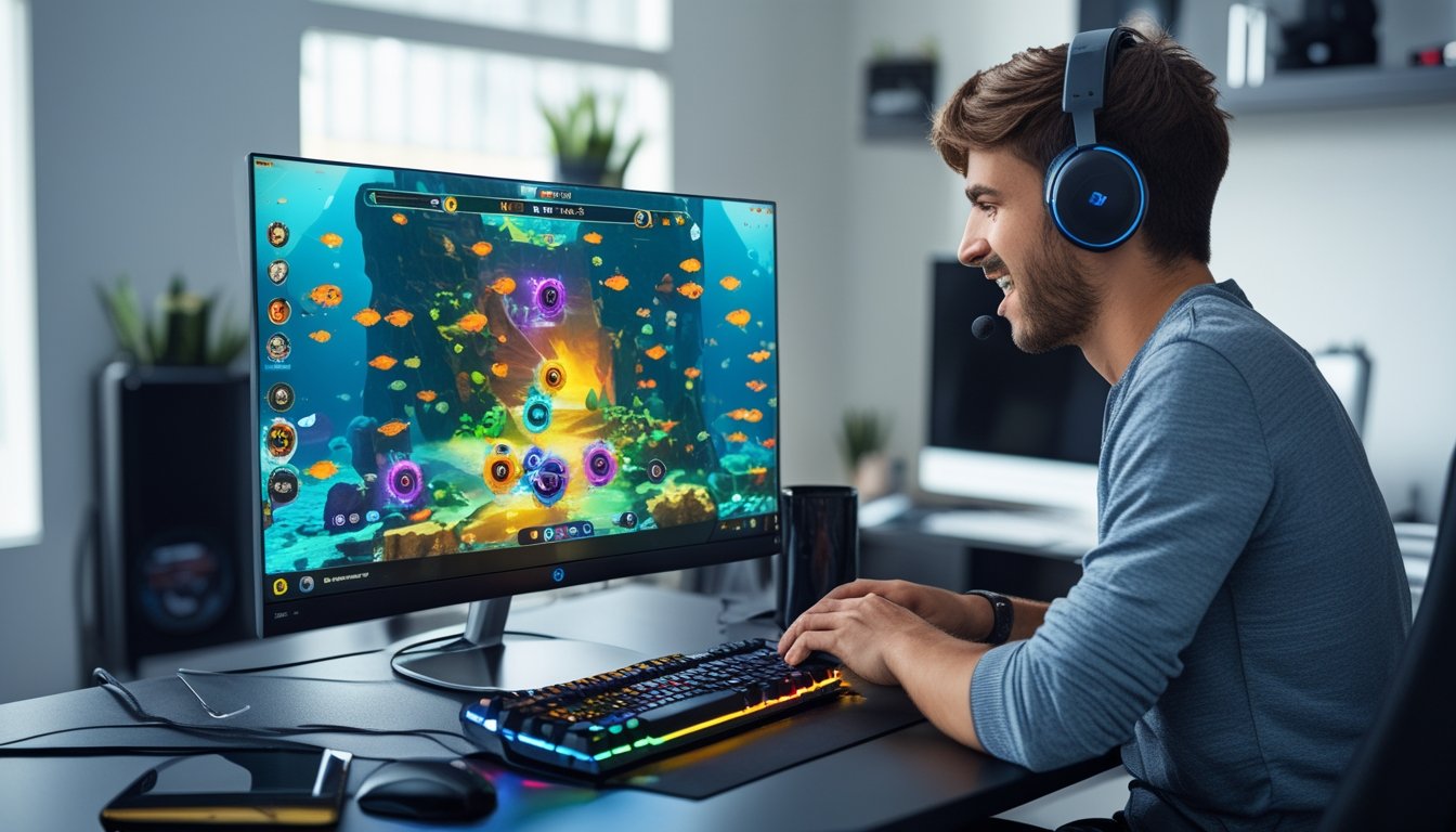 Seorang pemain muda fokus bermain game tembak ikan online di komputer dengan latar ruangan rumah yang rapi.
