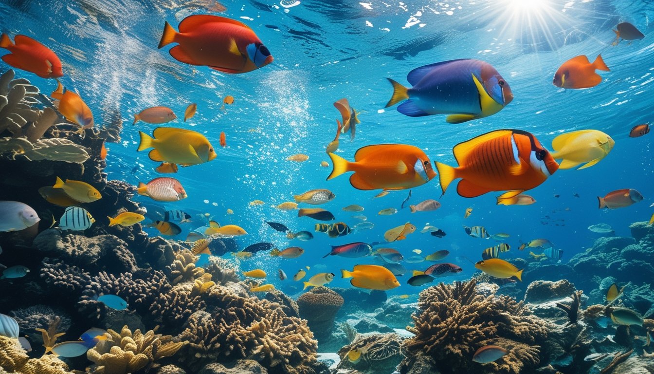 Pemandangan bawah laut dengan ikan tropis berwarna-warni berenang di sekitar terumbu karang yang cerah dan air biru jernih.