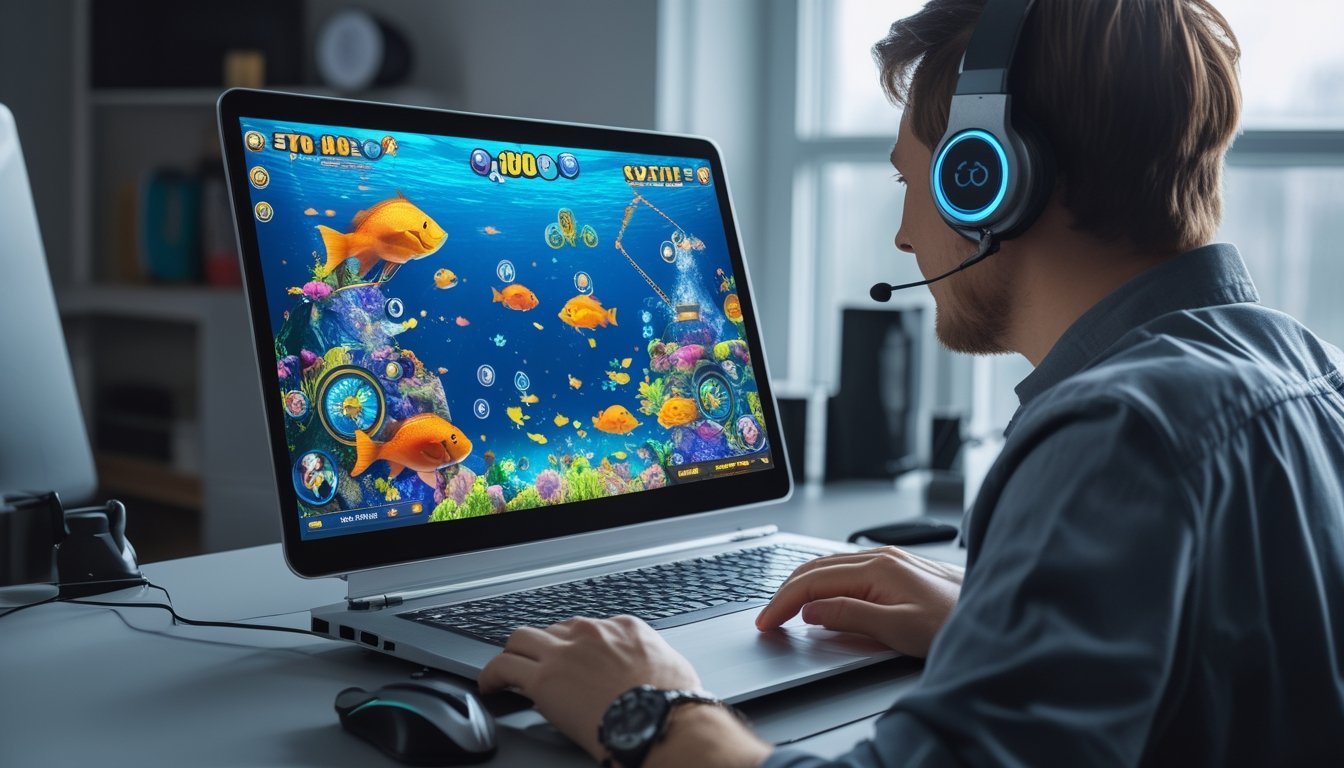 Seseorang sedang menggunakan laptop di meja modern dengan layar menampilkan permainan tembak ikan berwarna cerah di suasana ruangan yang terang.