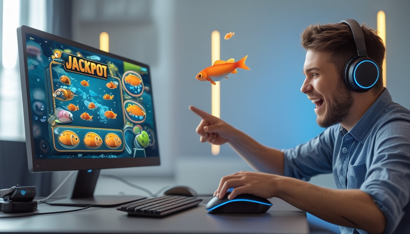 Seorang pemula muda yang antusias sedang bermain game tembak ikan di komputer dengan ekspresi fokus dan bersemangat.
