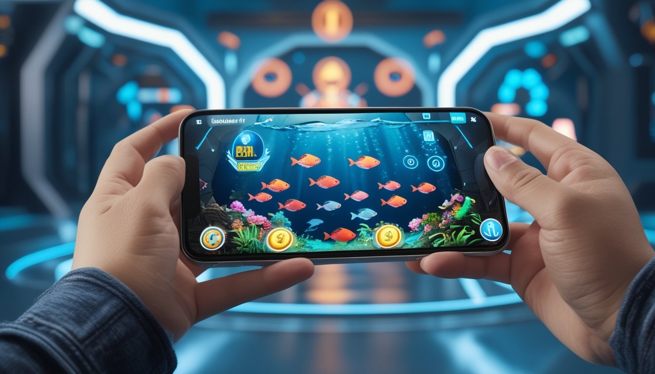 Seseorang memegang smartphone yang menampilkan permainan menembak ikan dengan grafis ikan berwarna-warni dan indikator bonus besar.