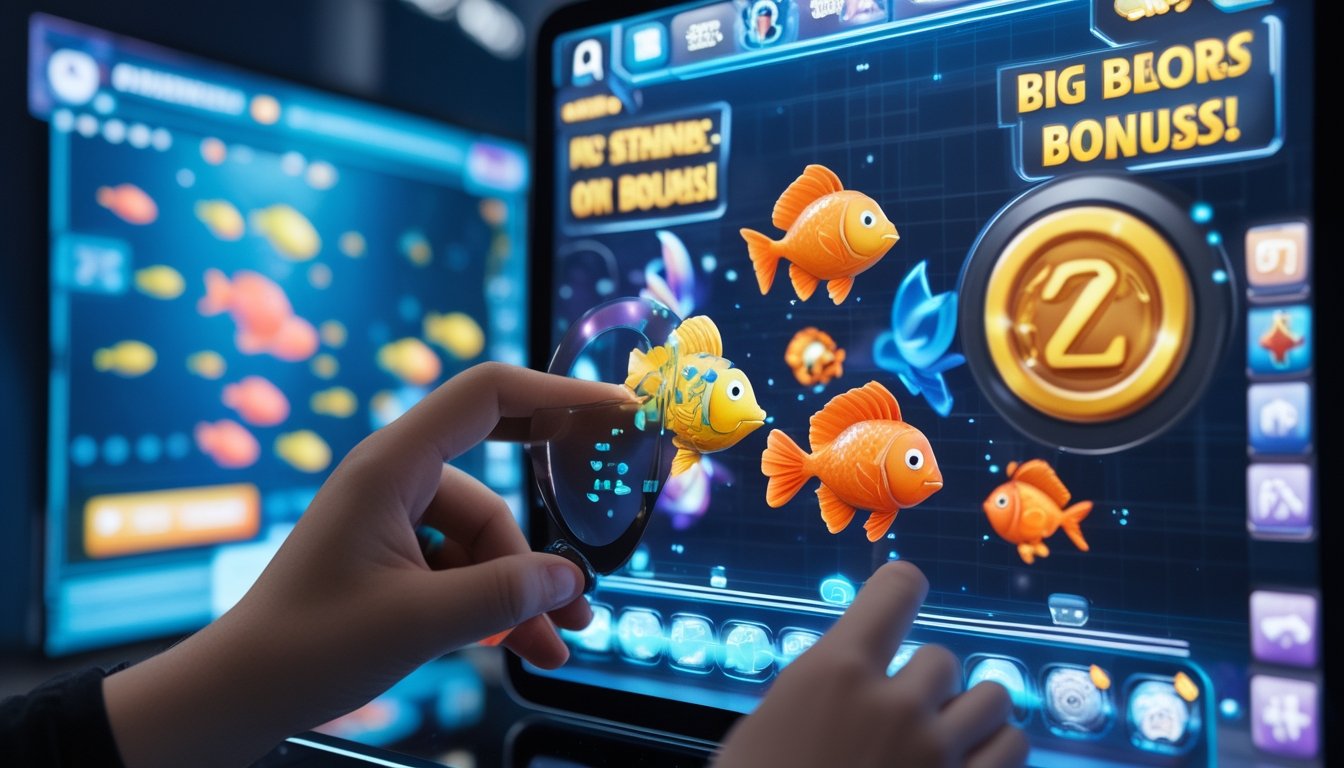 Seseorang sedang bermain game tembak ikan online di tablet dengan ikan berwarna-warni di layar dan ikon hadiah di latar belakang.
