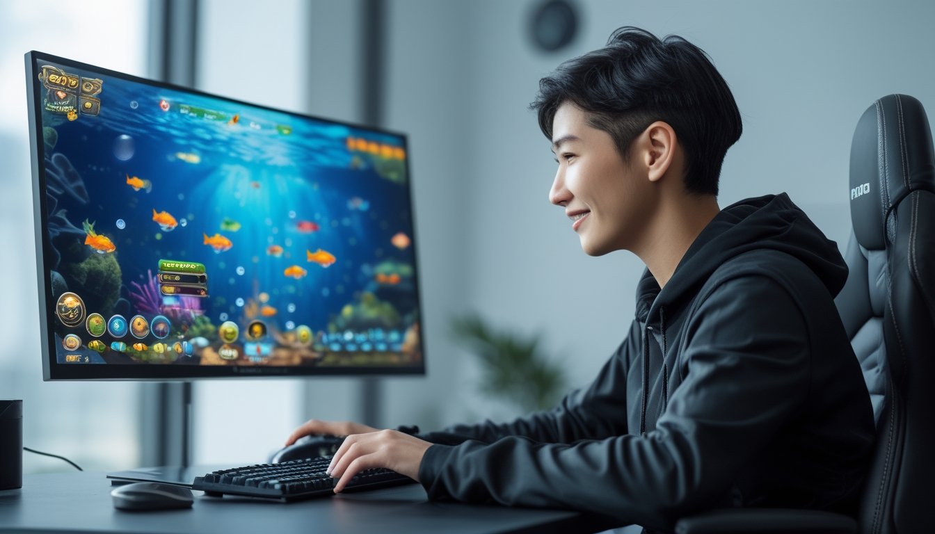 Seorang pemain fokus menggunakan komputer untuk bermain game tembak ikan dengan latar belakang ruangan yang rapi dan pencahayaan alami.