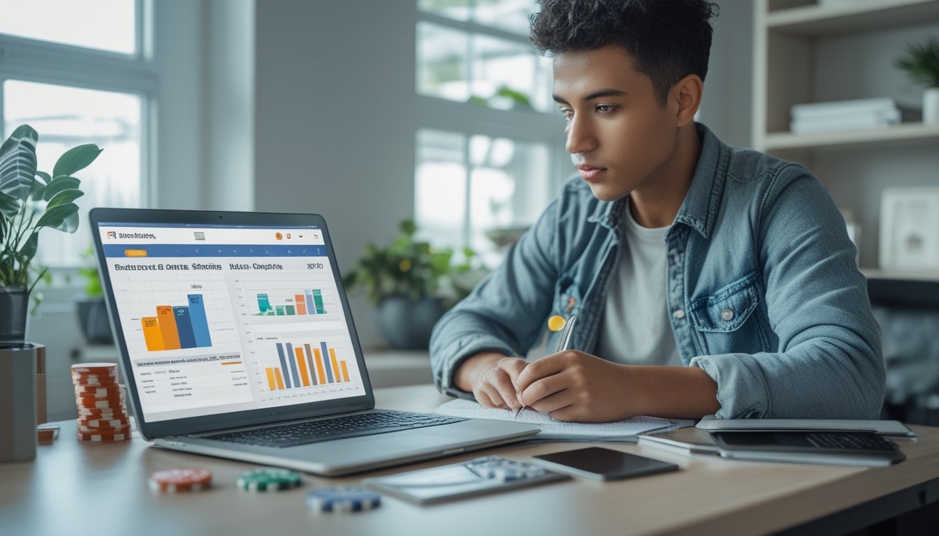 Seorang dewasa muda duduk di meja dengan laptop terbuka dan grafik keuangan, dikelilingi oleh elemen permainan judi tembak ikan dan alat hitung, sedang menganalisis data dengan serius.