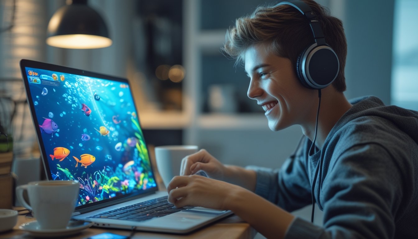 Seorang dewasa muda sedang bermain game tembak ikan online di laptop di rumah dengan ekspresi fokus dan senang.