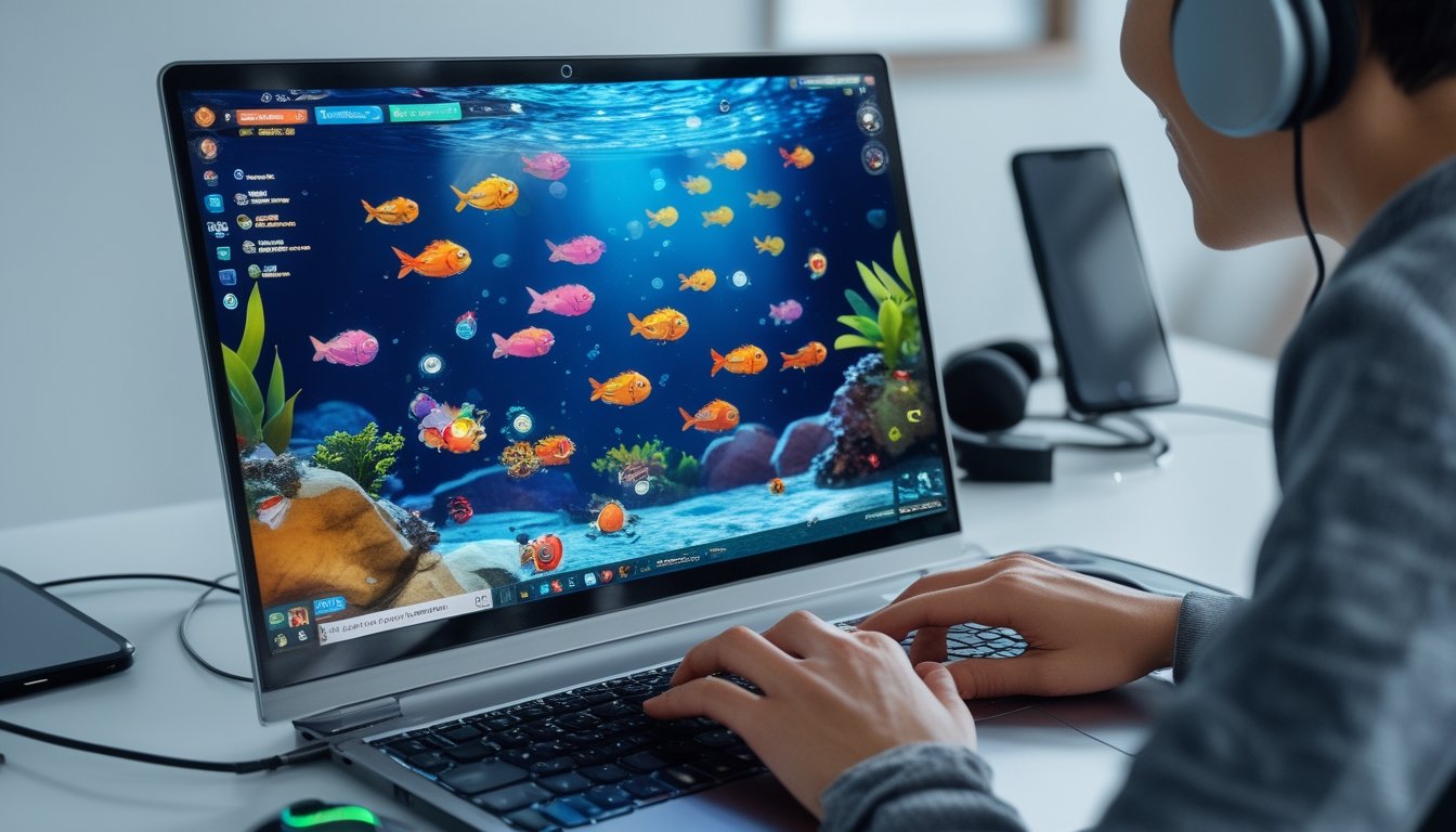 Seseorang sedang bermain permainan tembak ikan online di komputer dengan layar menampilkan ikan-ikan berwarna-warni dan elemen permainan lainnya.