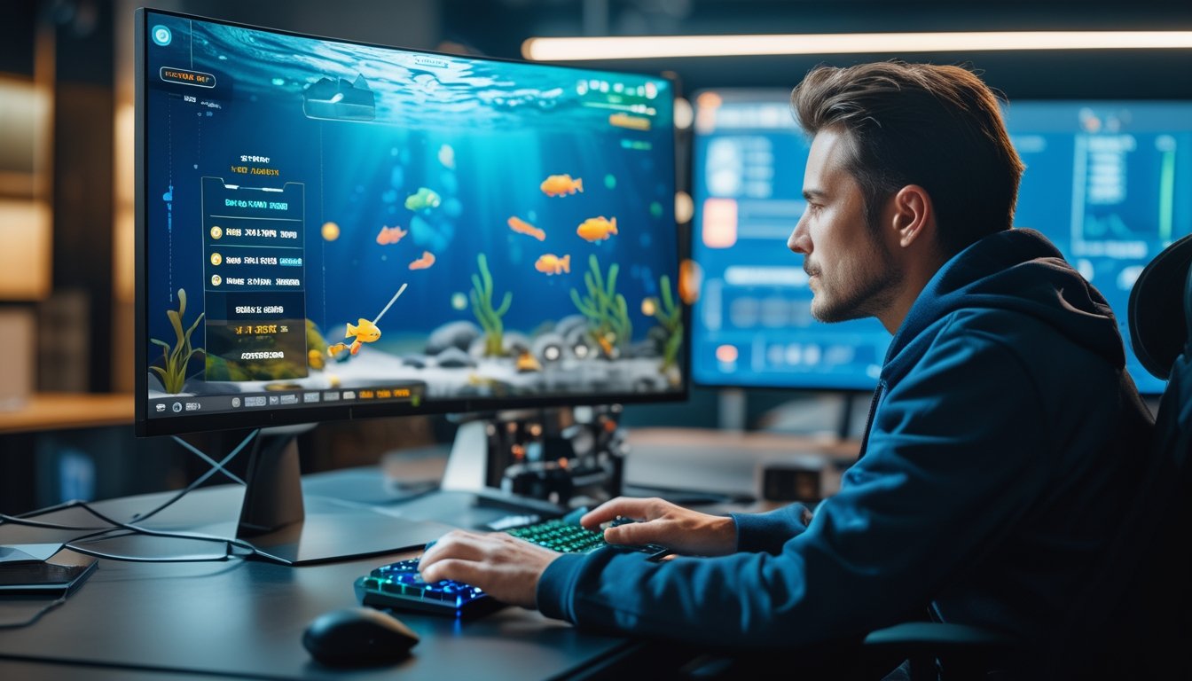 Seorang pemain dewasa sedang bermain game memancing ikan di komputer dengan layar menampilkan ikan berwarna-warni dan ikon bonus, di meja terdapat beberapa grafik statistik permainan.