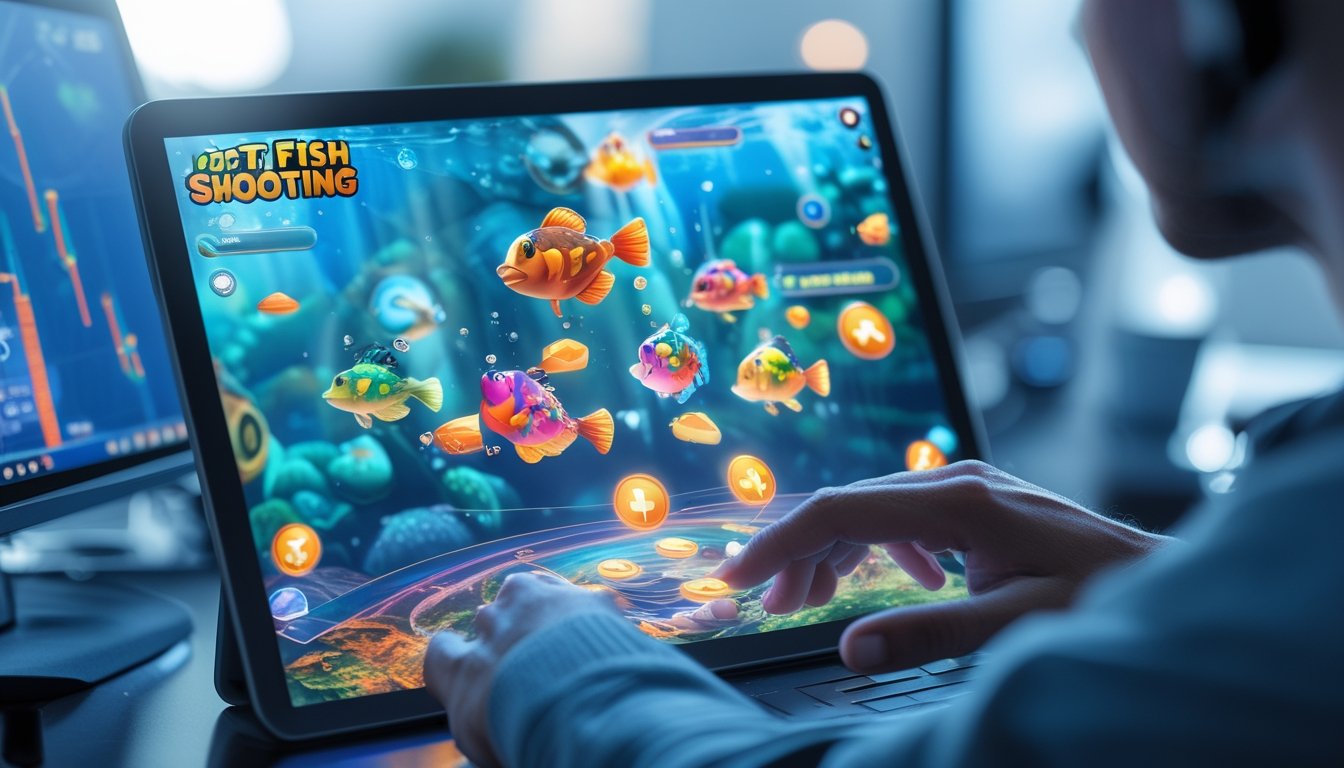 Seorang pemain sedang bermain permainan tembak ikan di layar komputer dengan grafik ikan berwarna-warni dan ikon bonus.