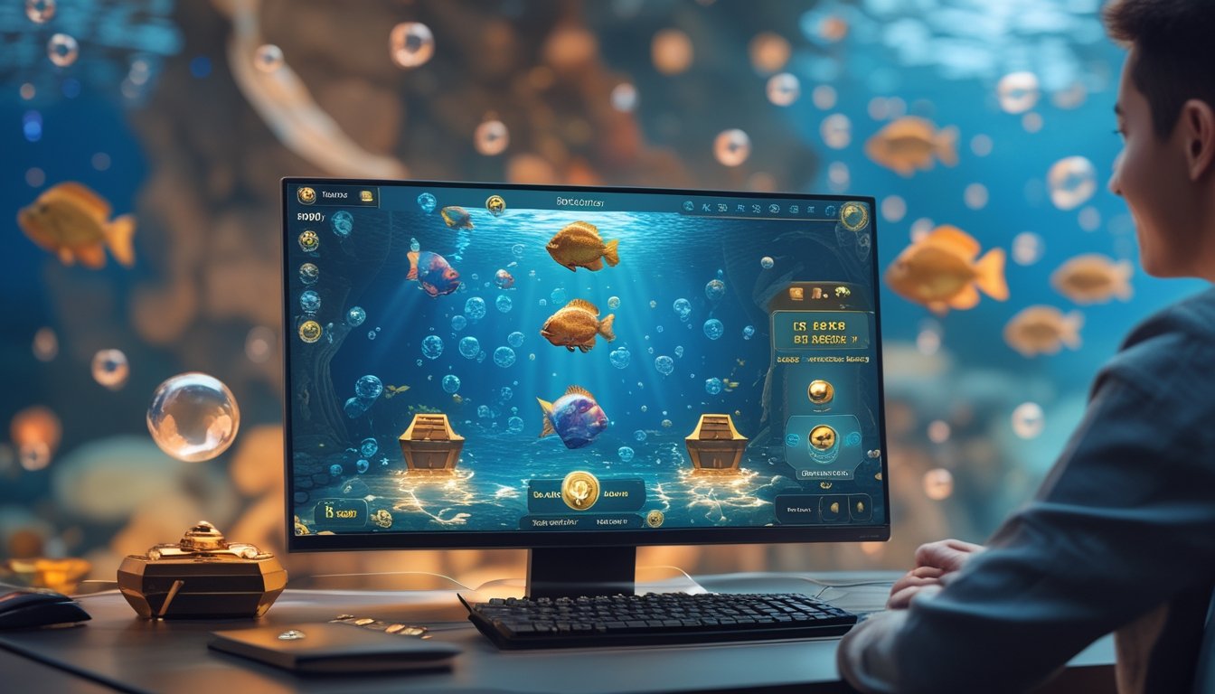 Layar perangkat menampilkan permainan tembak ikan online dengan ikan berwarna-warni dan simbol jackpot serta scatter, di lingkungan bawah laut digital.