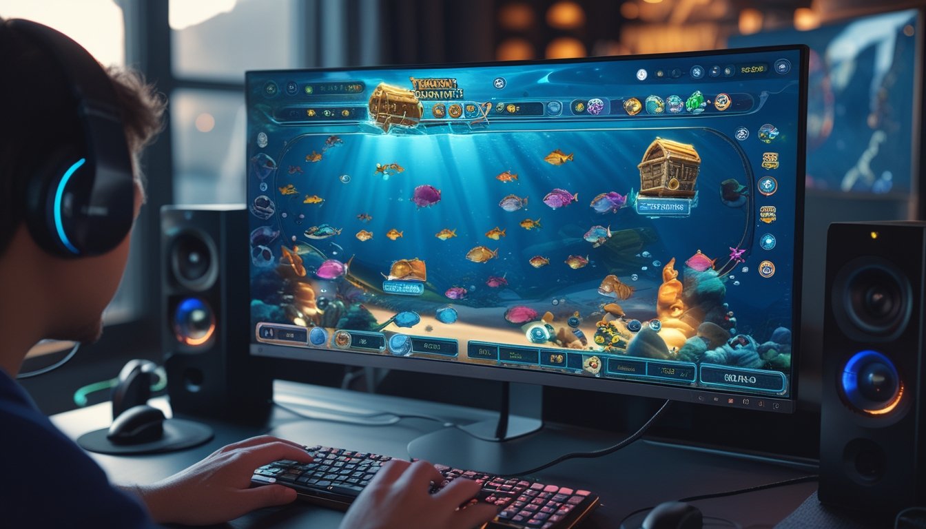 Layar komputer menampilkan permainan tembak ikan online dengan berbagai ikan berwarna-warni dan peti harta karun, tangan pengguna sedang menggunakan mouse di meja gaming.