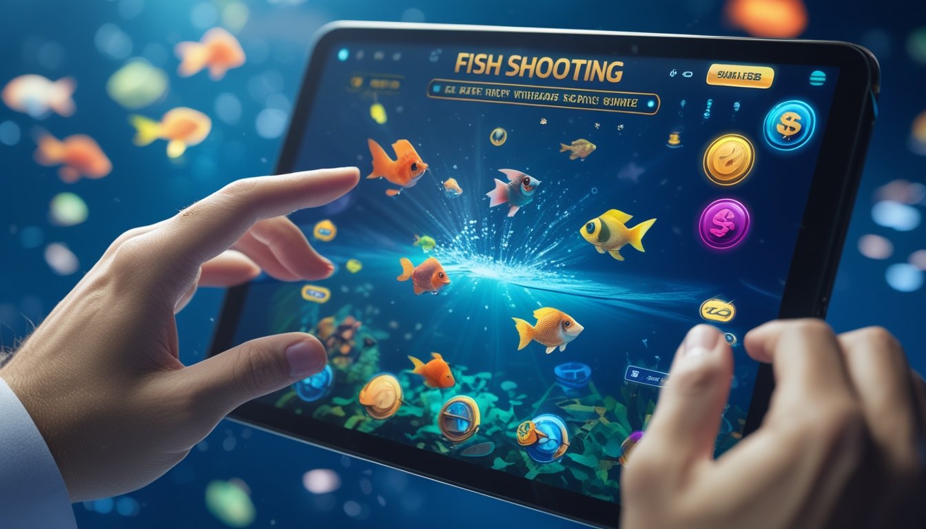 Seorang pemain menggunakan smartphone untuk bermain game tembak ikan dengan latar belakang ikan berwarna-warni yang bergerak di bawah air.