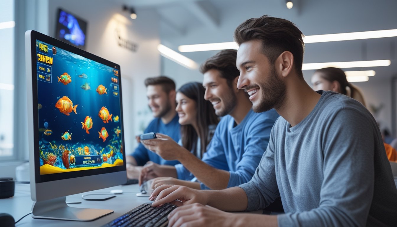 Beberapa orang muda sedang bermain permainan tembak ikan online di komputer dan ponsel dengan latar bawah laut berwarna-warni.