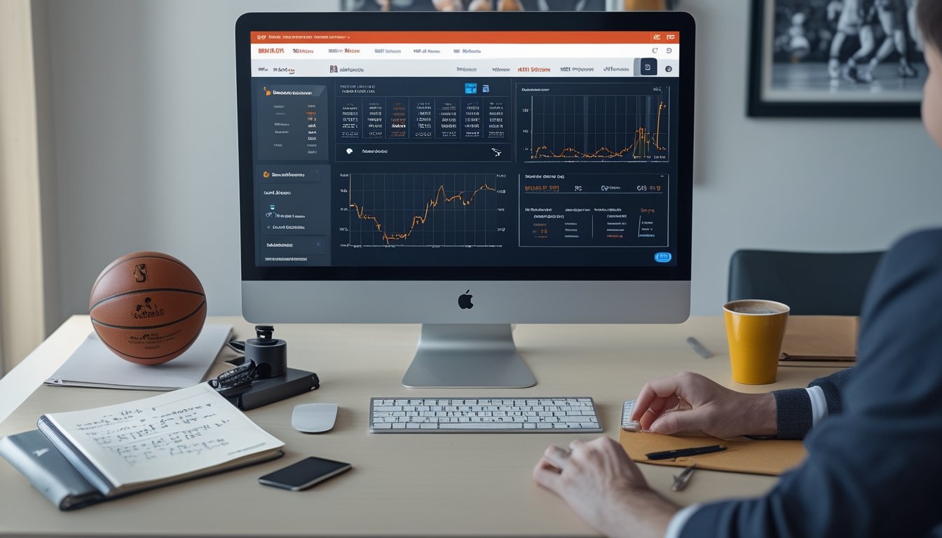 Meja kerja dengan komputer yang menampilkan statistik basket NBA, bola basket, dan catatan tangan di sekitar, menunjukkan analisis prediksi taruhan basket.