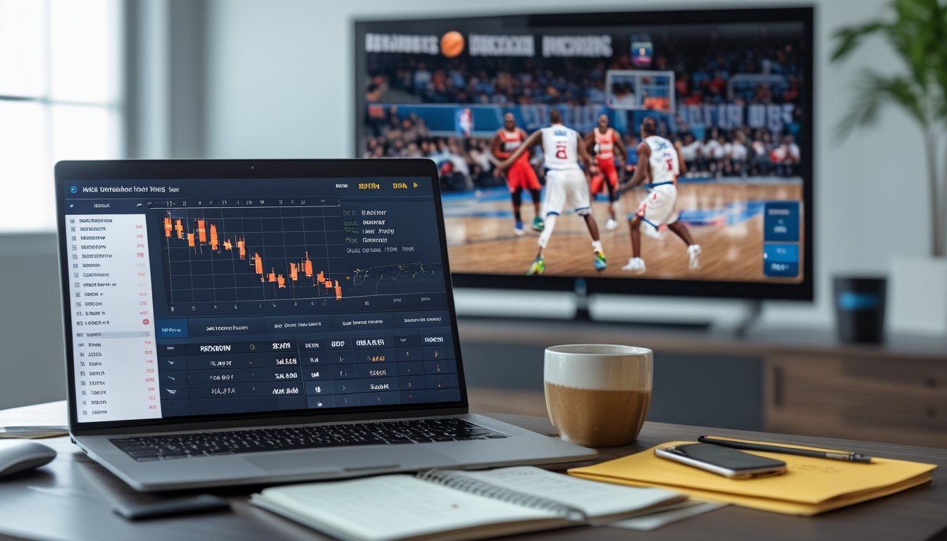 Seorang pemula sedang menganalisis statistik dan peluang taruhan NBA di laptop dengan pertandingan NBA sedang berlangsung di layar televisi di latar belakang.