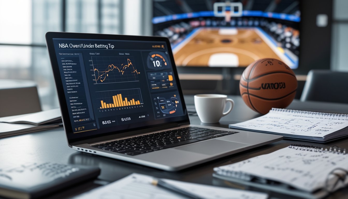 Meja kerja dengan laptop menampilkan statistik NBA, bola basket di samping, dan catatan tertulis, suasana fokus dan terorganisir.
