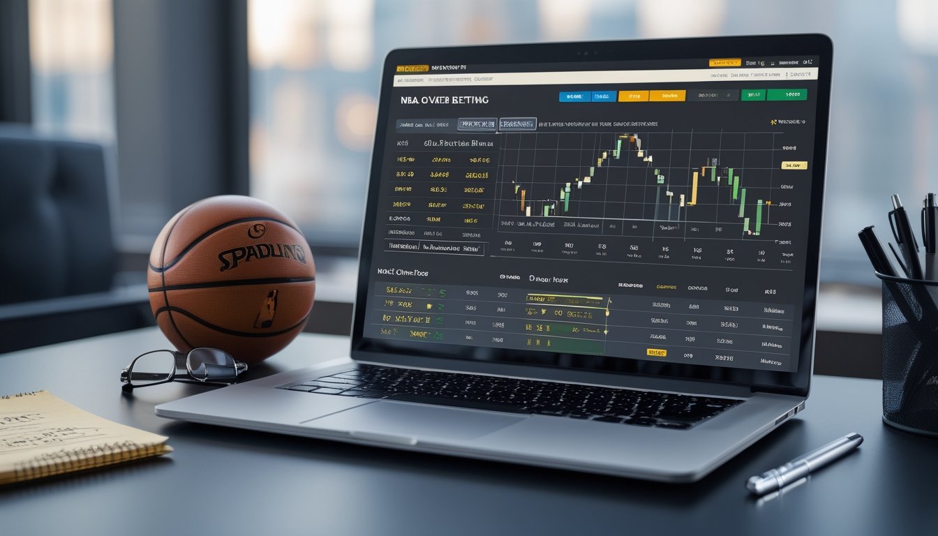 Meja kerja dengan laptop menampilkan statistik dan grafik taruhan NBA, bola basket, dan alat tulis di atas meja.
