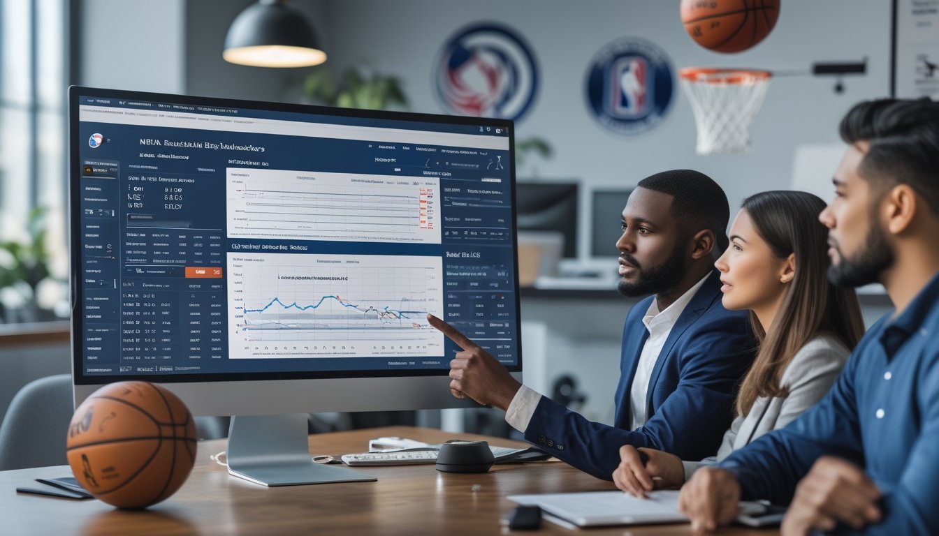 Tiga orang sedang berdiskusi dan menganalisis data taruhan handicap NBA di depan layar komputer di sebuah kantor.