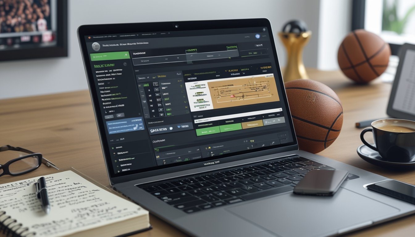 Meja kerja modern dengan laptop yang menampilkan statistik dan peluang taruhan NBA, bola basket, buku catatan, pena, dan cangkir kopi di lingkungan kantor yang terang dan rapi.