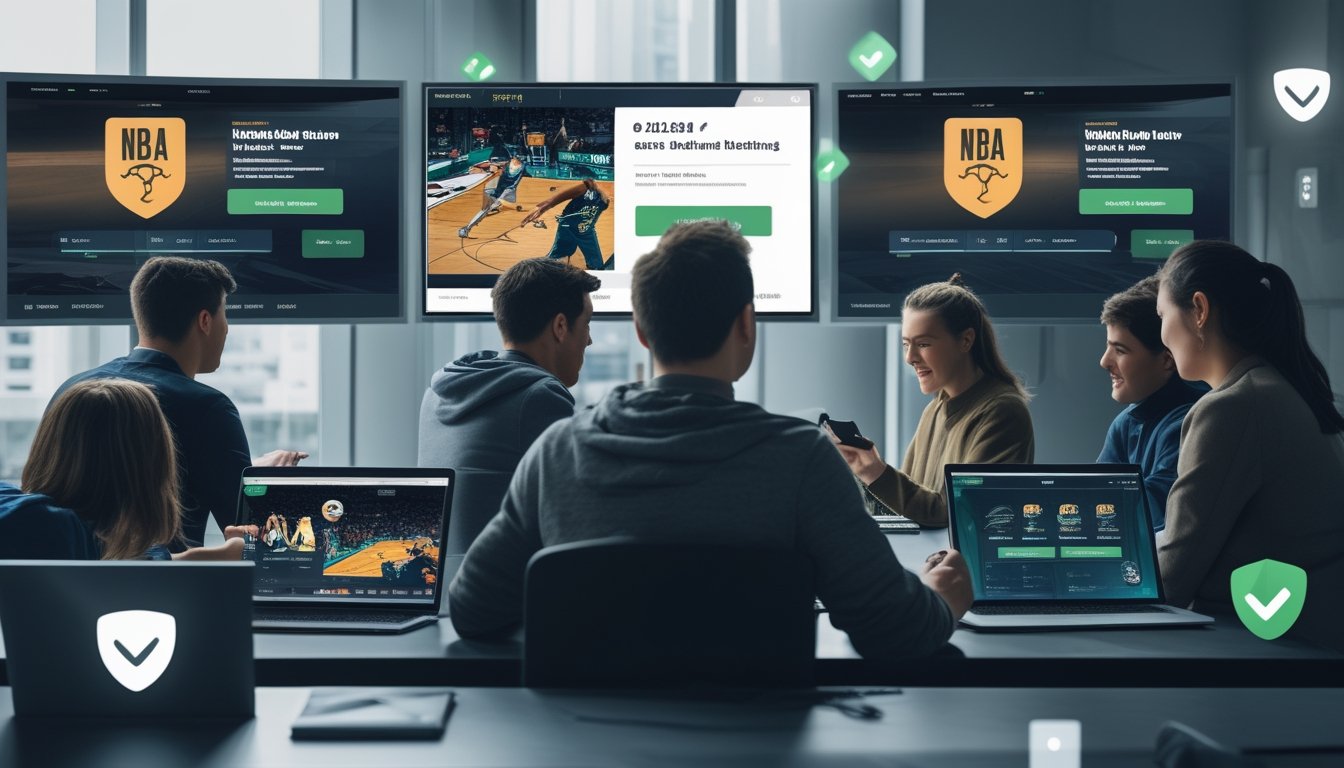 Sekelompok orang muda menggunakan perangkat digital untuk menonton dan memasang taruhan pada pertandingan NBA dalam suasana ruang kerja modern dan aman.
