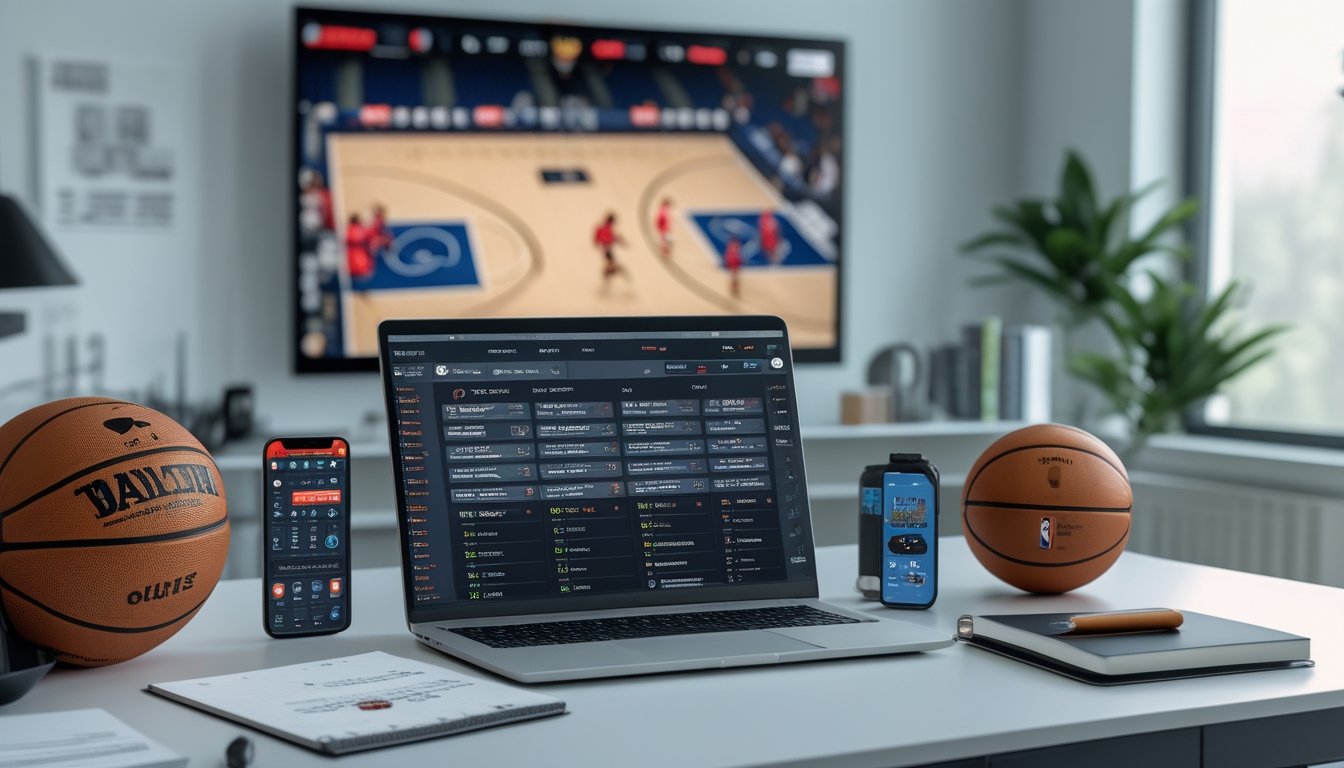 Meja kerja modern dengan laptop menampilkan antarmuka taruhan NBA, bola basket, dan ponsel dengan aplikasi taruhan, latar belakang layar besar menayangkan pertandingan NBA.